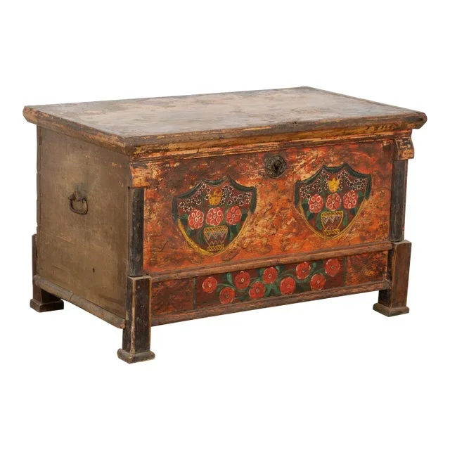19th Century Rustic Pine Original Painted Flat Top Trunk