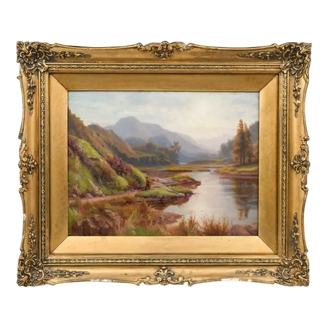 19th Century Victorian Oil on Canvas of Highland Valley Loch in Elaborate Gilt Frame