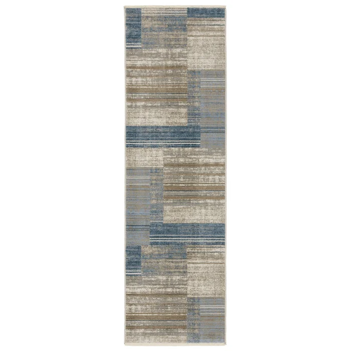 2′ x 8′ Blue Dark Blue Teal Grey Ivory Beige and Tan Geometric Power Loom Runner Rug