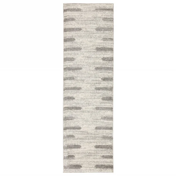 2′ x 8′ Ivory and Grey Geometric Shag Power Loom Stain Resistant Runner Rug
