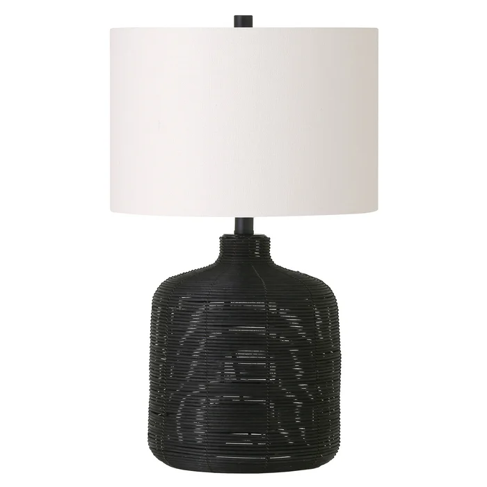 20″ Black Rattan Table Lamp with White Drum Shade