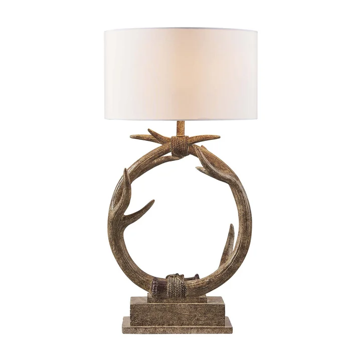 27″ Brown Rustic Faux Antlers Table Lamp with White Drum Shade