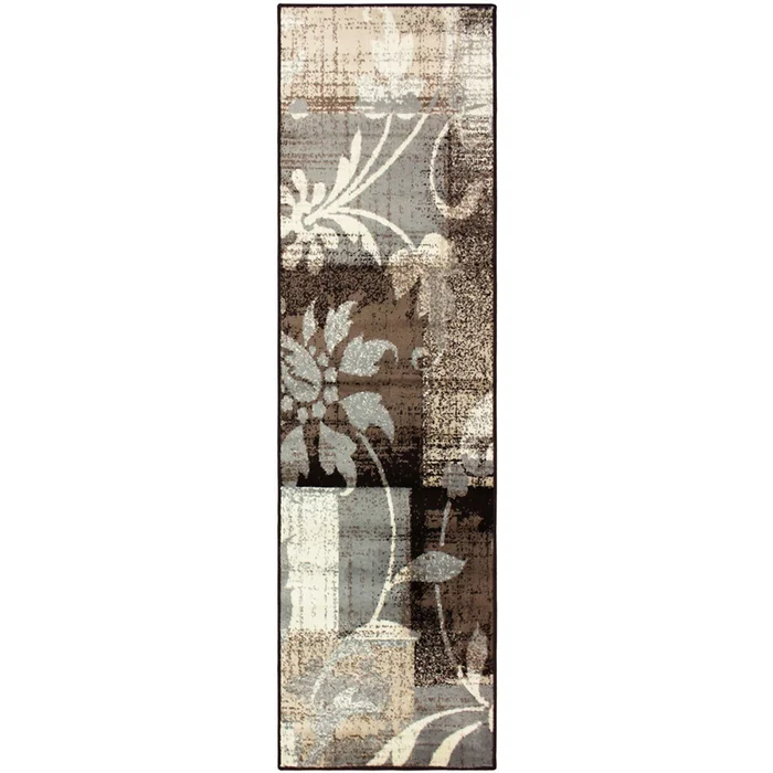 3′ x 8′ Beige & Gray Floral Power Loom Distressed Stain Resistant Runner Rug