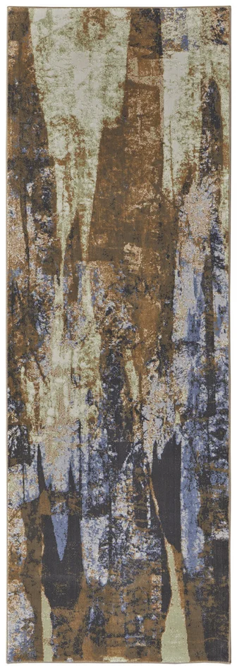 3′ x 8′ Brown Blue and Ivory Abstract Power Loom Distressed Runner Rug