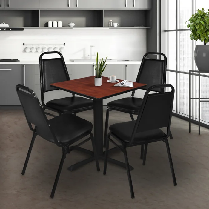 30 Square Breakroom Table & 4 Stack Chairs – Cherry and Black – Regency Seating