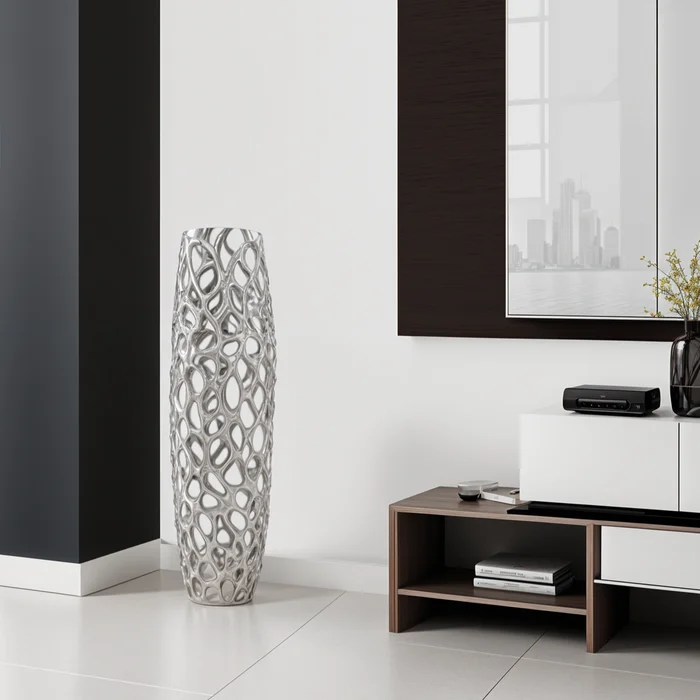 32″ Aluminum Silver Twigs Cylinder Floor Vase