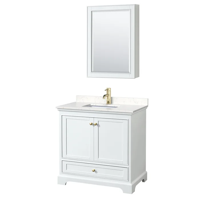 36 Inch White Bathroom Vanity with Carrara Marble & Gold Trim
