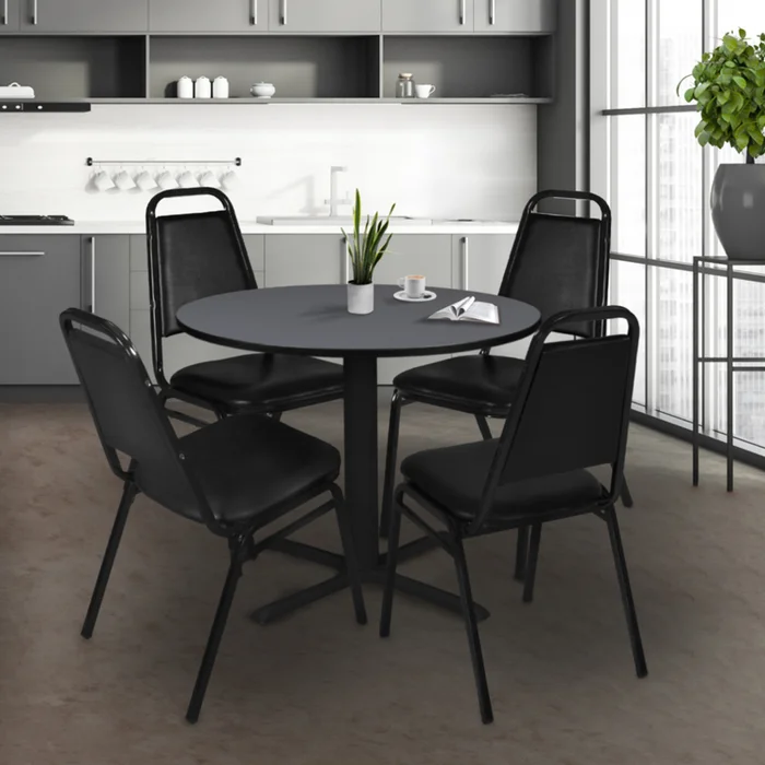 36 Round Breakroom Table & 4 Black Stack Restaurant Chairs – Regency Seating