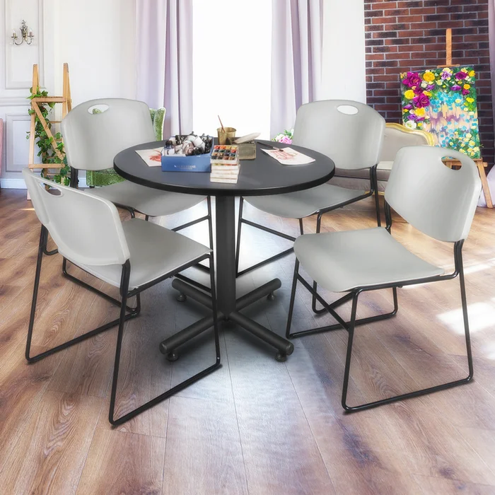36 Round Office Table & Stack Chair Set – Grey & 4 Chairs – Regency Seating