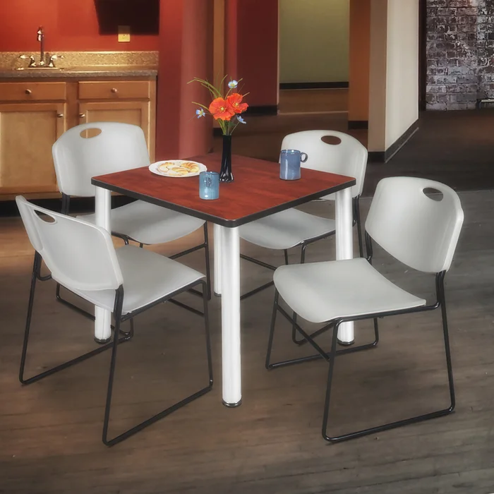 36 Square Cherry Wood Office Breakroom Table with Chrome Frame & 4 Stack Grey Chairs – Regency Seating