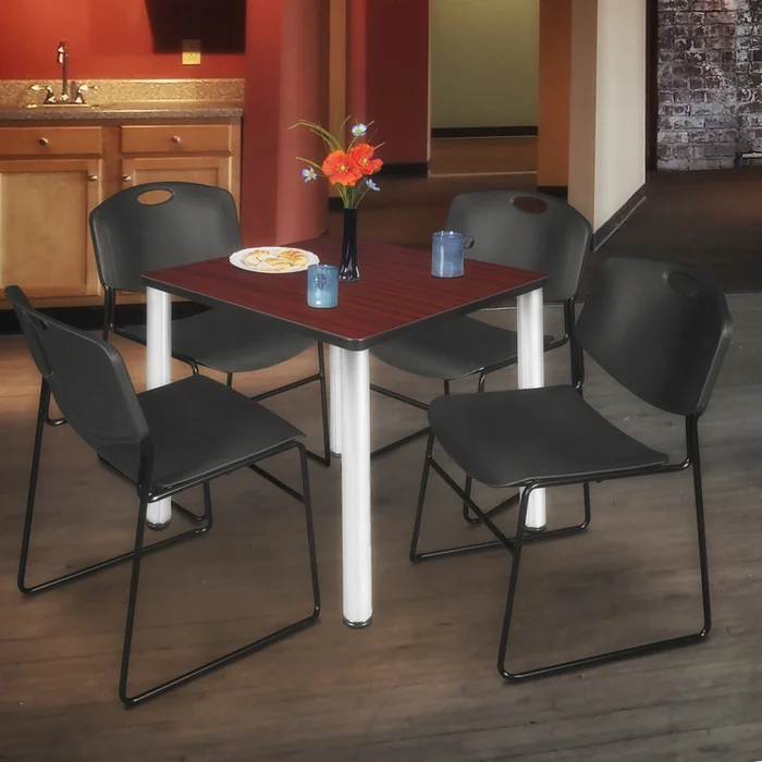 36 Square Mahogany/Chrome Breakroom Table & Black Stack Chairs Set – Regency Seating