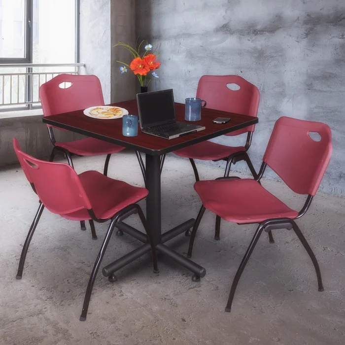 36 Square Mahogany Office Table & Burgundy Stack Chairs Set – Regency Seating