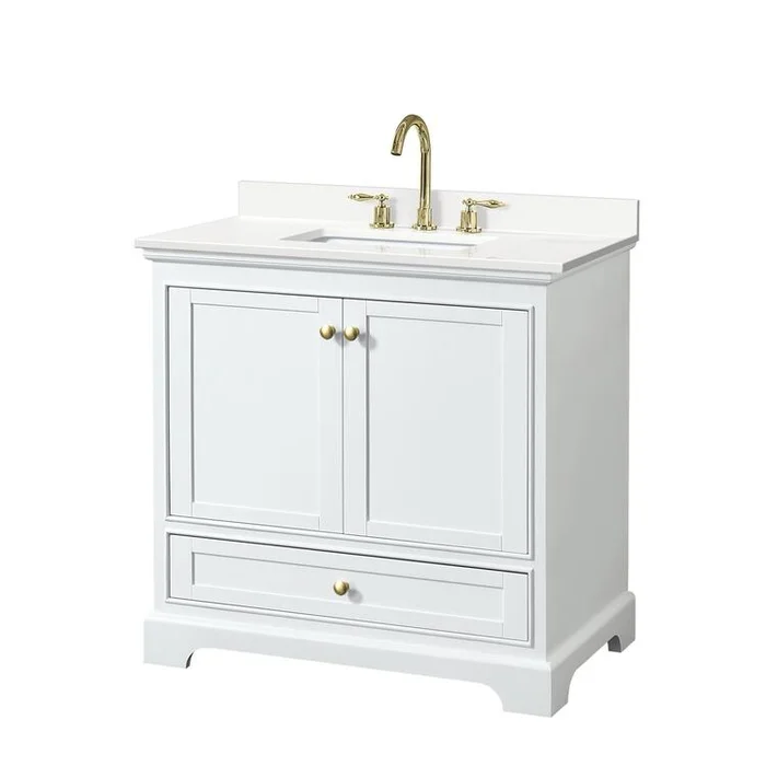 36 White Bathroom Vanity & Sink Set – Gold Trim