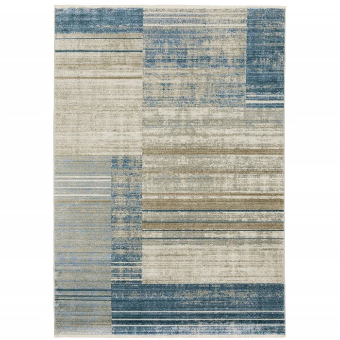 4′ x 6′ Blue Dark Blue Teal Grey Ivory Beige and Tan Geometric Power Loom Area Rug