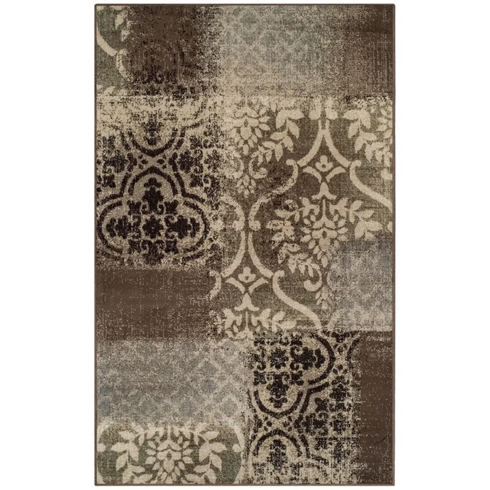 4′ x 6′ Ivory Light Blue Damask Distressed Stain Resistant Area Rug