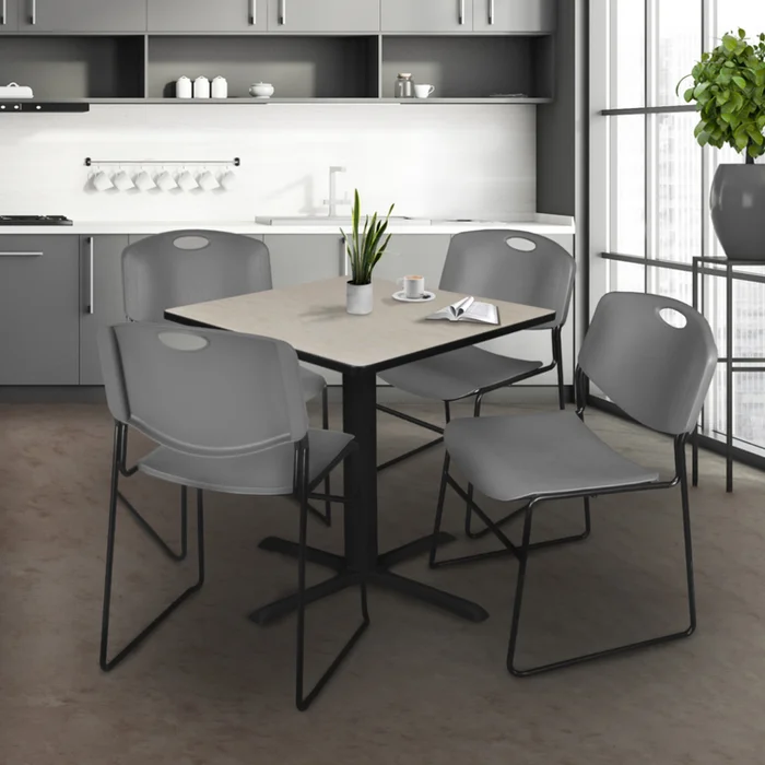 42 Square Maple Conference Table & 4 Stack Grey Chairs Set – Regency Seating