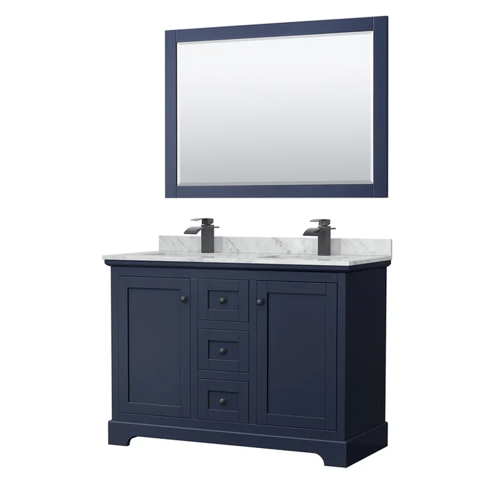 48 Inch Double Bathroom Vanity with Dark Blue, White Marble Countertop