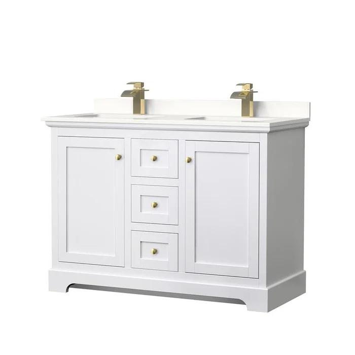 48 White Double Bathroom Vanity with Quartz Countertop and Gold Trim