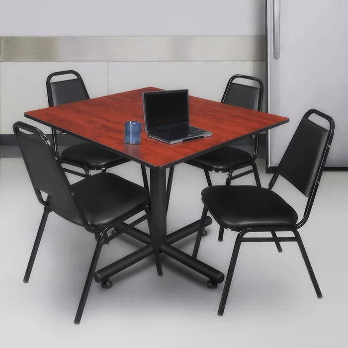48in Square Breakroom Table & Black Stack Chairs Set – Cherry Finish – Regency Seating
