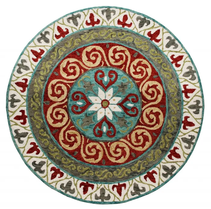 5′ Round Red and Sage Medallion Area Rug