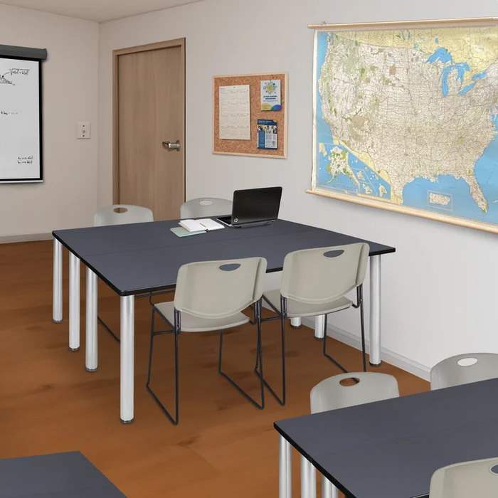 66 Training Table – Grey/Chrome w/Stool Chairs, 24 x 66 Desk, 2 Stack Chairs – Regency Seating