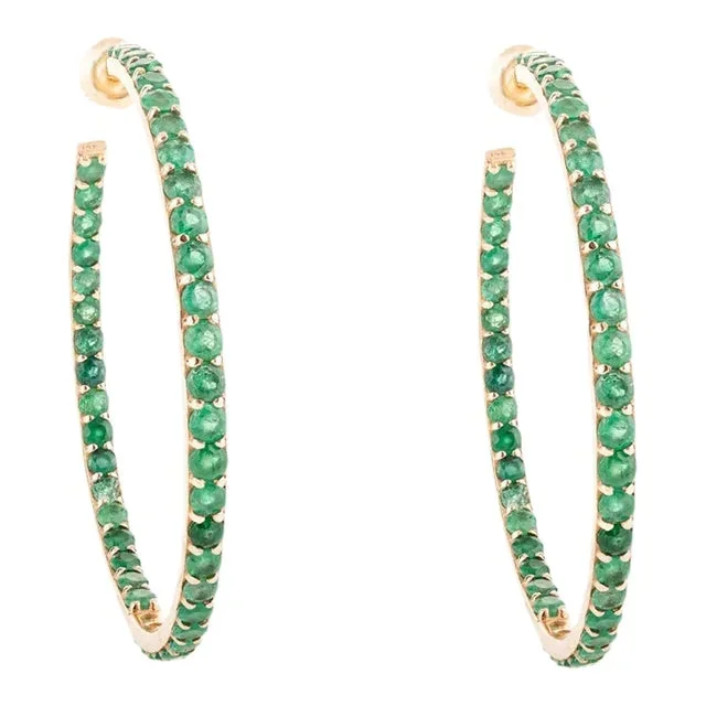 7.33 Ct Round Emerald Big Hoop Earrings in 14k Yellow Gold- a Pair