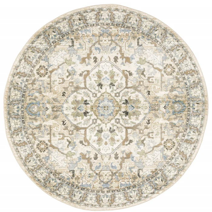 8′ Beige and Ivory Round Oriental Power Loom Stain Resistant Area Rug