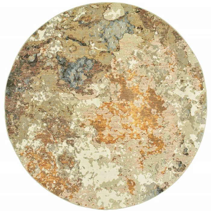 8′ Round Modern Abstract Gold and Beige Indoor Area Rug