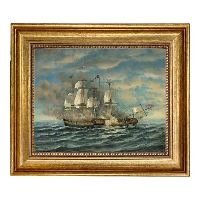 “Battle Between Uss Constitution and Hms Guerriere” Contemporary Nautical Canvas Reproduction Print, Framed 11.5 X 13.5