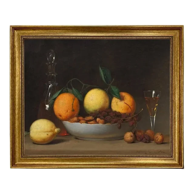 “Dessert Still Life” Framed Print on Canvas in Antiqued Gold Frame. A 16″ X 20″ Framed to 19-1/2″ X 23-1/2″.