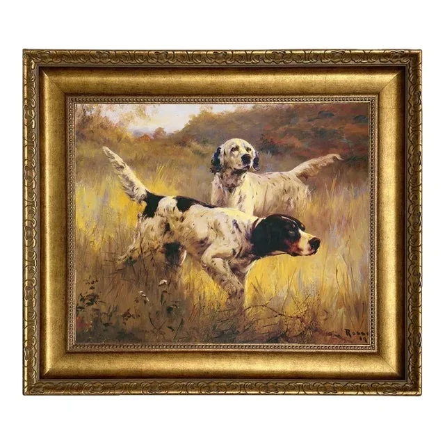 “English Setters” Print on Canvas in Wide Antiqued Gold Frame- a 16″ X 20″ Framed to 24″ X 26″