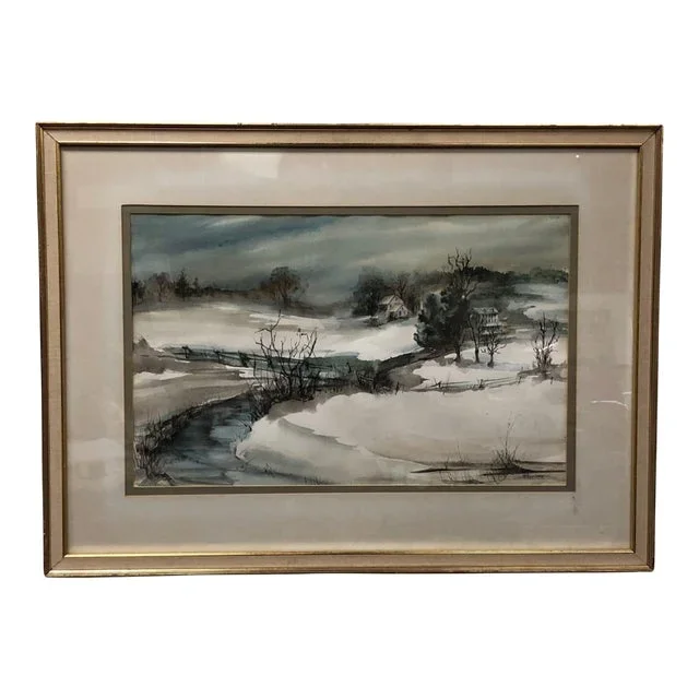 “Frozen in Tranquility” – Mid 20th Century Landscape Original Watercolor Painting Signed, Framed