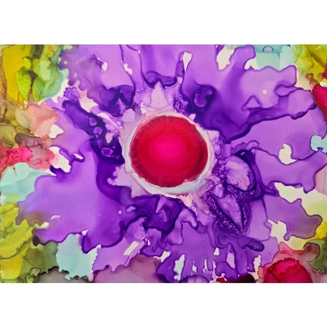 “Purple Pin Cushion Posie” Contemporary Original Abstract Botanical Ink Painting by Suzanne MacCrone Rogers