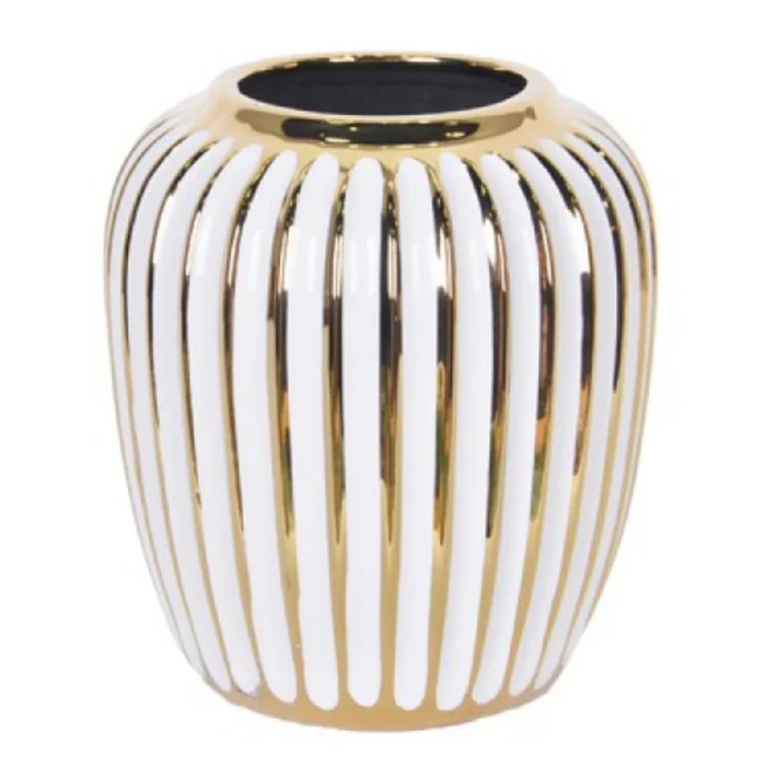 9″ White and Gold Ceramic Striped Round Table Vase