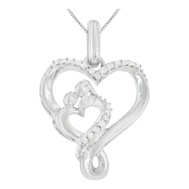 .925 Sterling Silver 1/10 cttw Diamond Mother & Child Double Open Heart 18″ Pendant Necklace