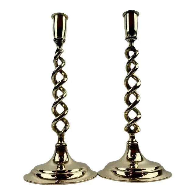 A Pair of Solid Brass Open Barley Twist Candlesticks With Round Bases -England, 19th C., 12″