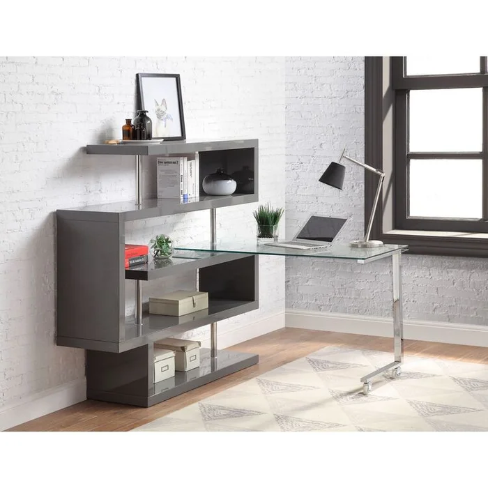 ACME Furniture Raceloma Writing Desk w/Shelf, Clear Glass, Chrome & Gray High Gloss Finish