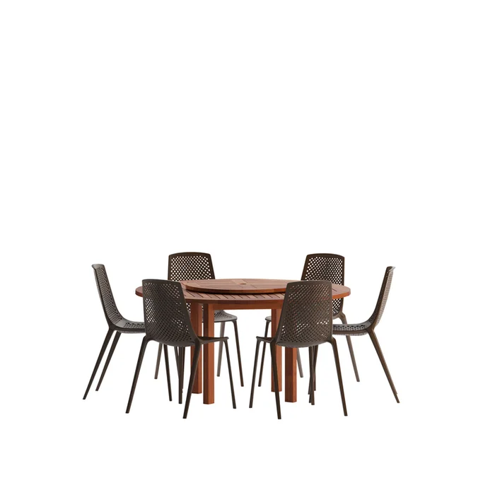 Amazonia 7 Piece Round Patio Dining Set W/Brown Plastic/Resin Chairs