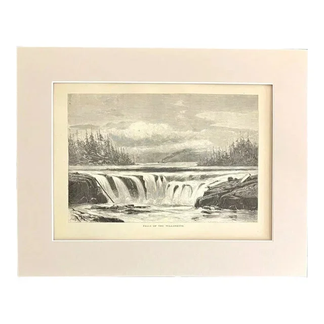 Antique 1874 Wood Engraving “Falls of the Willamette” Oregon in 11×14 Mat