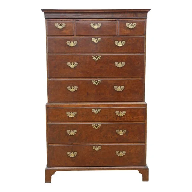 Antique 18th Century Burr Walnut Tallboy Chest on Chest of Drawers