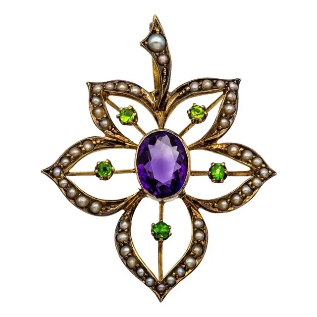 Antique 9k Art Nouveau Demantoid Garnet Amethyst Seed Pearl Pendant Ca. 1905