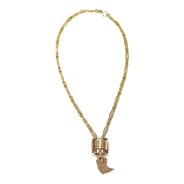 Antique Aesthetic Period 14k Yellow Gold, Enamel, & Pearl Slide Necklace