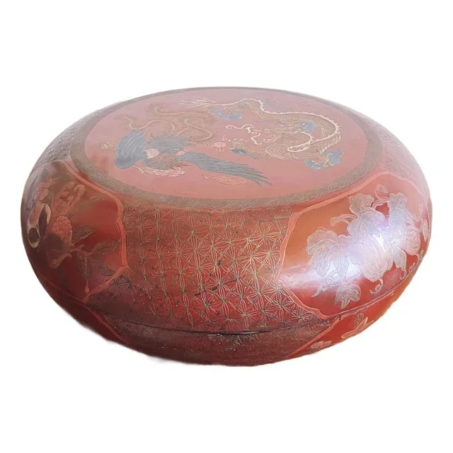 Antique Chinese Red Lacquer Phoenix and Dragon Box