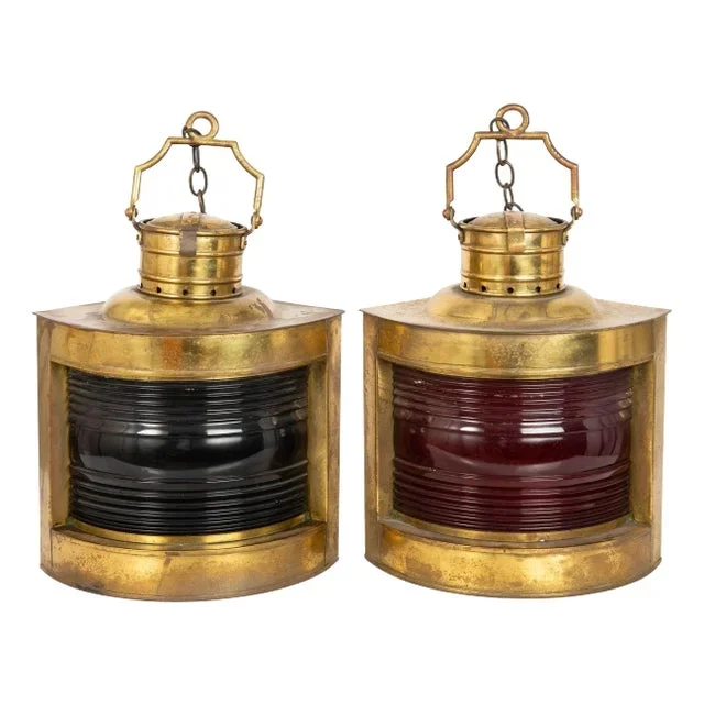 Antique Circa 1900 Pair of Brass English Ship’s Lanterns