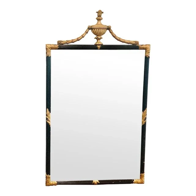 Antique Early 20th Century Neoclassical Giltwood and Black Wood Pier Glass Mirror With Classical Urn Cresting