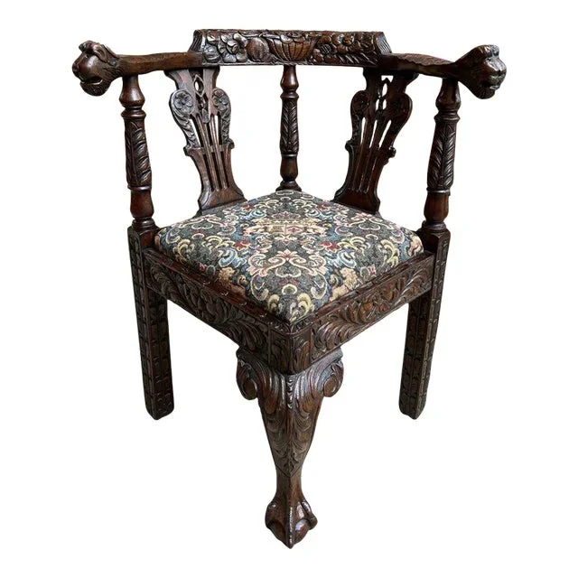 Antique English Corner Arm Chair Carved Oak Renaissance Floral Upholstery