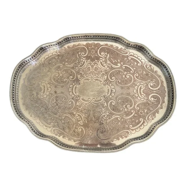 Antique Floral Pattern Oval Silver Plated Gallery Tray English Style