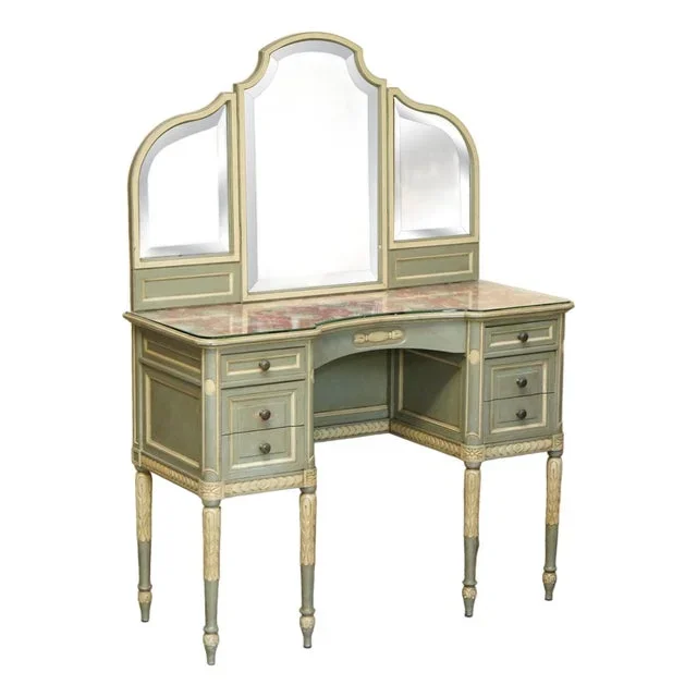 Antique French Empire Hand Painted Dressing Table with Tri Fold Mirror, 1900