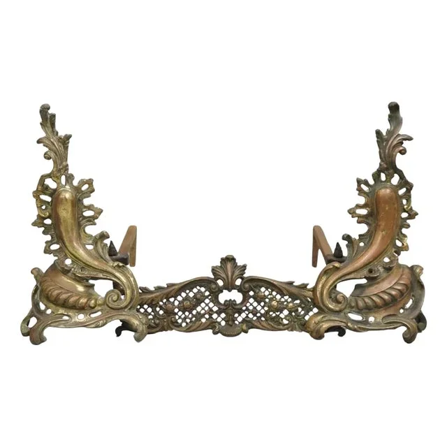 Antique French Louis XV Patinated Brass Bronze Small Fireplace Andirons & Fender