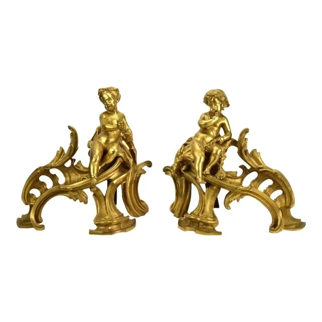 Antique Louis XV Gilt Bronze Chenets With Putti – a Pair